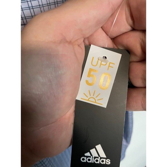 Adidas Golf Polo Shirt Mens Small Blue Plaid Performance Stretch Casual Logo NEW - Picture 5 of 11